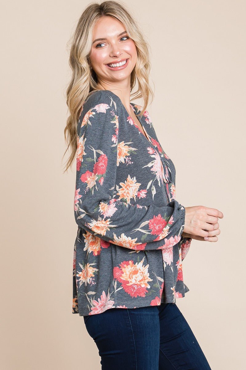 Super Lady Full Size Babydoll Floral Long Sleeve Blouse - Love Salve